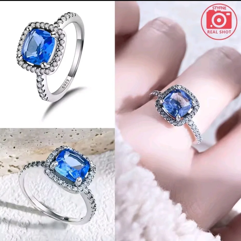Blue Sapphire 925 Silver Halo Ring with Diamond Accents Sz 6
